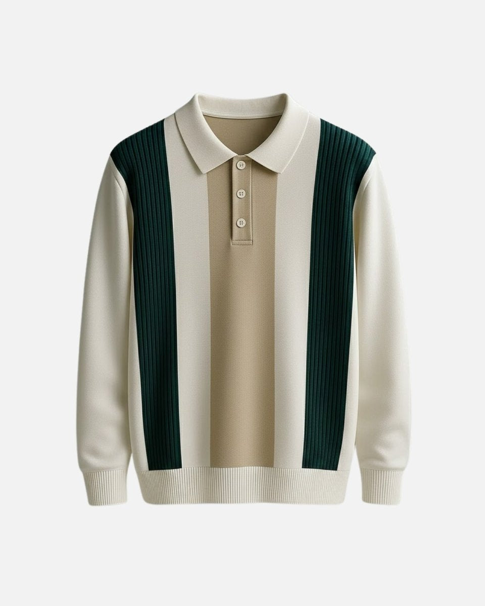 Product shot of the Leandro long sleeve knit polo sweater with three-button placket laid flat on a white background.