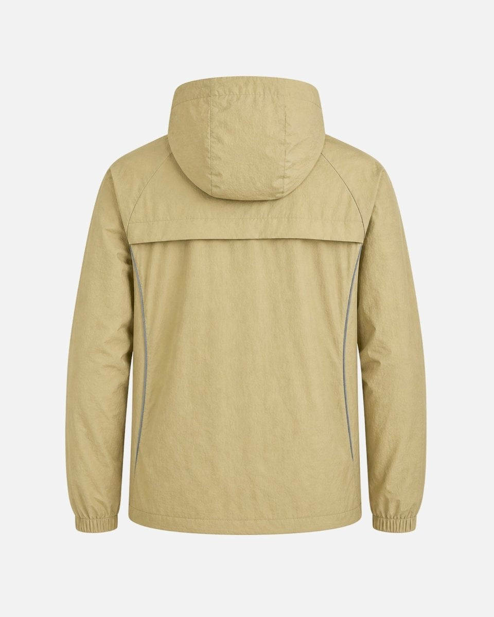 Flat lay back view of the elevated men's outerwear shell highlighting the back storm flap detail.