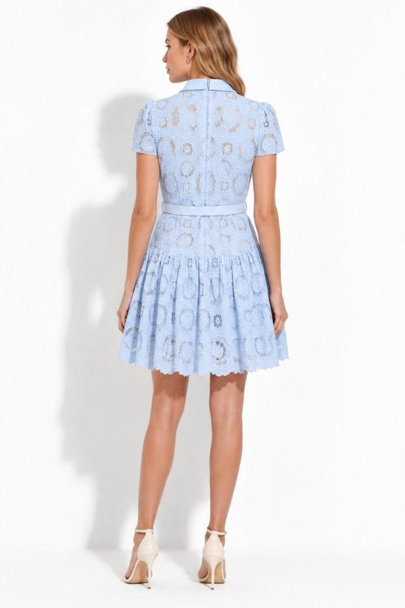 Back angle of woman wearing Fenlo Form light blue bridal shower lace dress with short puff sleeves.