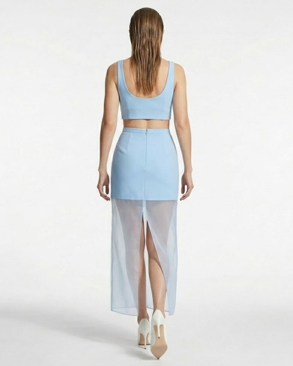 Back view of a light blue maxi skirt highlighting the invisible zipper closure, form-fitting upper panel, and dramatic sheer back slit detail.
