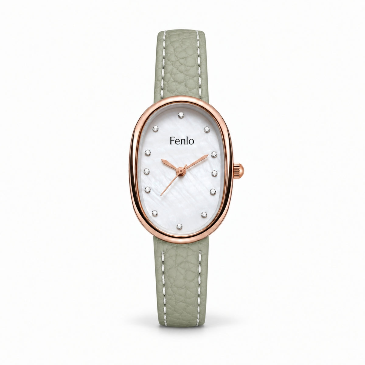 Fenlo women's watch featuring an oval mother-of-pearl dial, rose gold case, and a light sage green textured leather strap, shown against a plain white background.