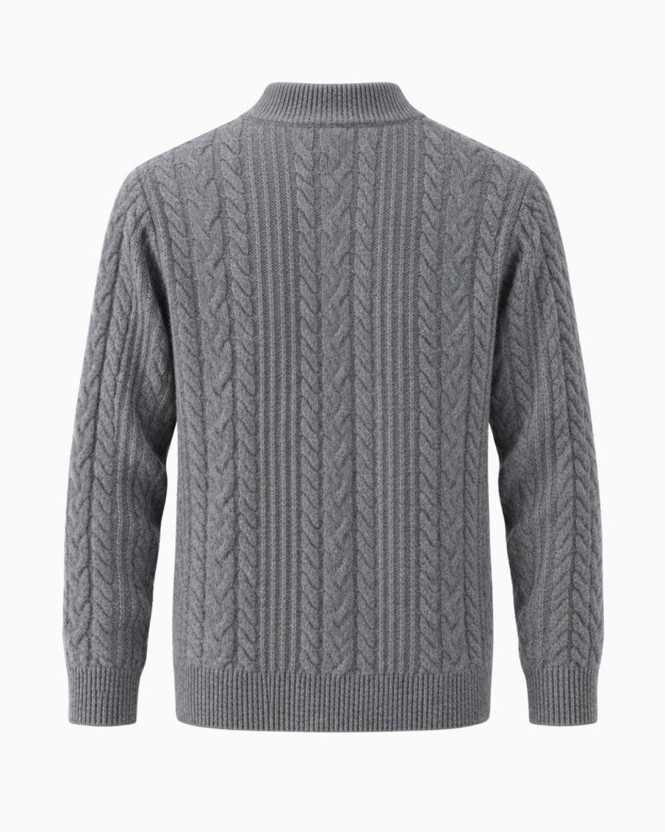 A gray cable-knit sweater shown from the back, featuring vertical and horizontal cable patterns with ribbed collar, cuffs, and hem, set against a plain white background.