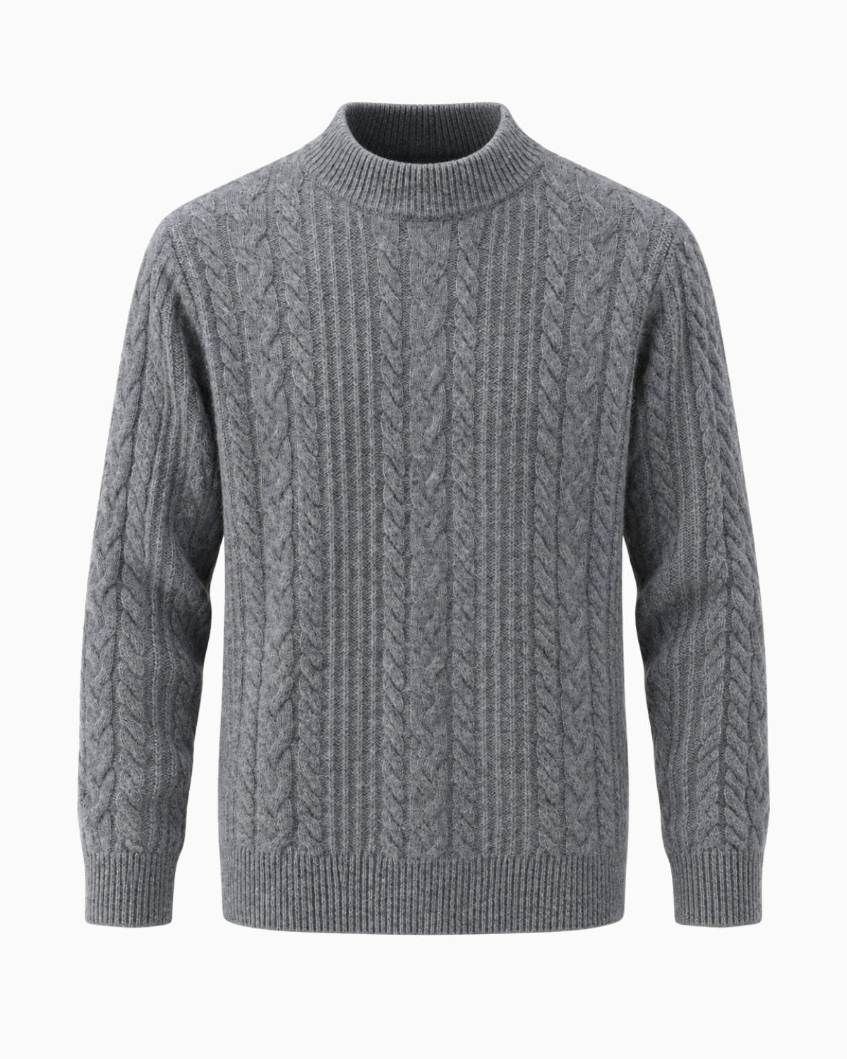 A gray cable-knit mock neck sweater displayed on a clean white background.