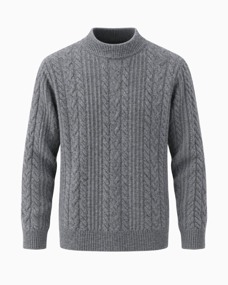A gray cable-knit mock neck sweater displayed on a clean white background.
