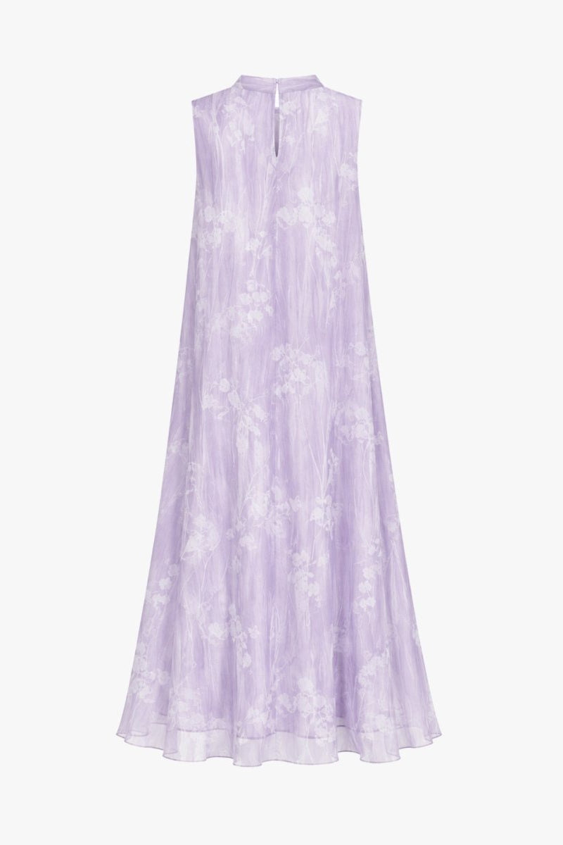 Back studio view of a luxury lavender sheer overlay sleeveless dress for women