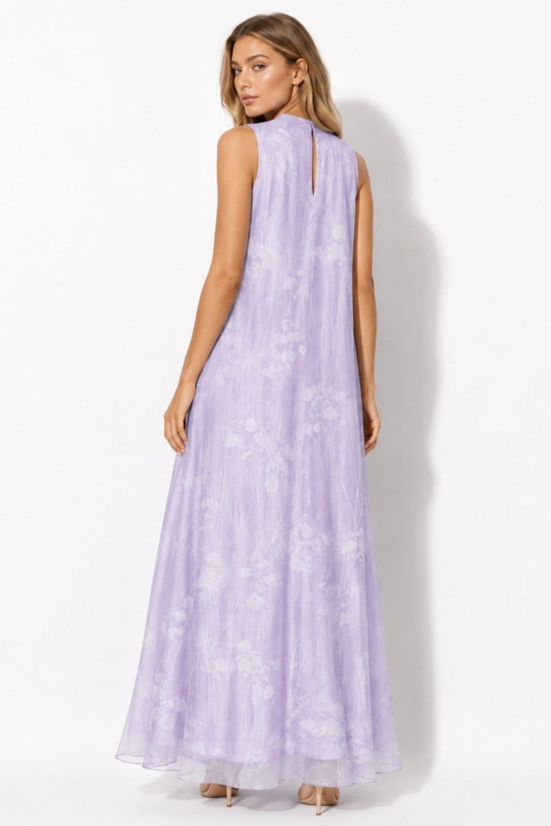 Back view of light purple ethereal sleeveless gown featuring a delicate back neck closure