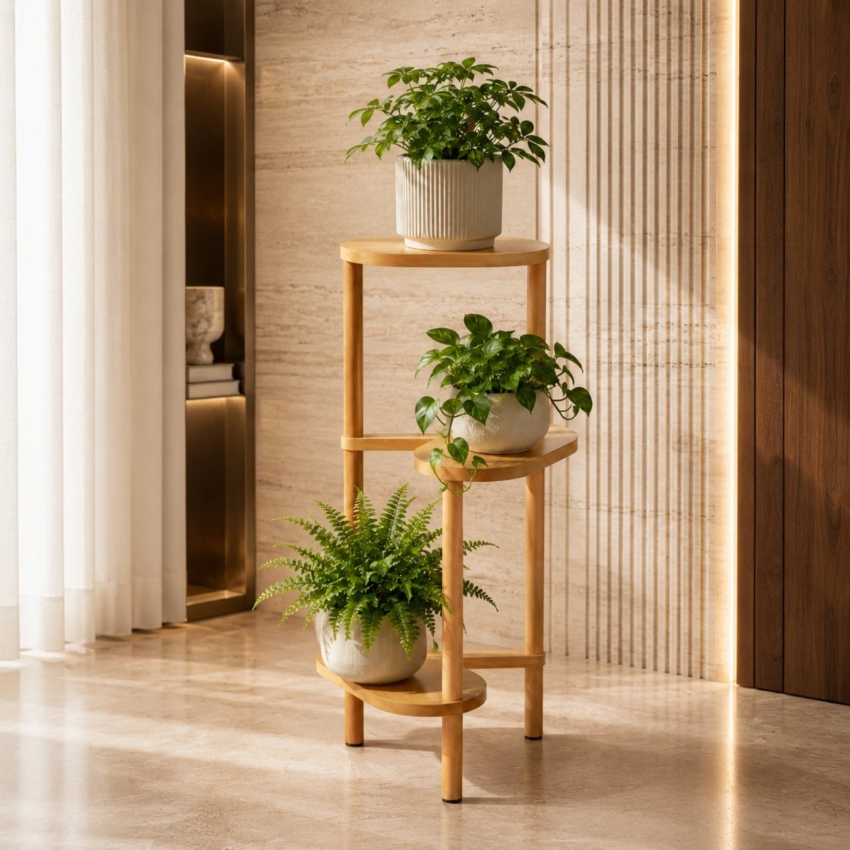 Light wood mid-century modern 3-tier indoor plant stand featuring green pothos and ferns in a sunlit, elegant living room.

