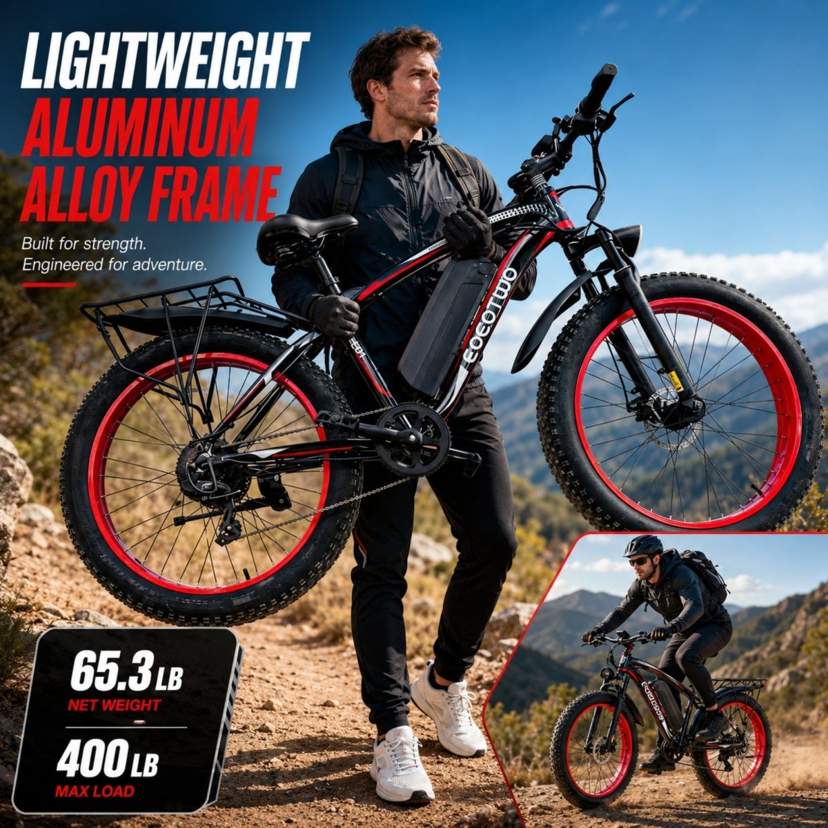 A rider easily carrying the 65.3 lb Kouvr aluminum alloy electric bike on a mountain path, indicating its heavy-duty 400 lb max load capacity.