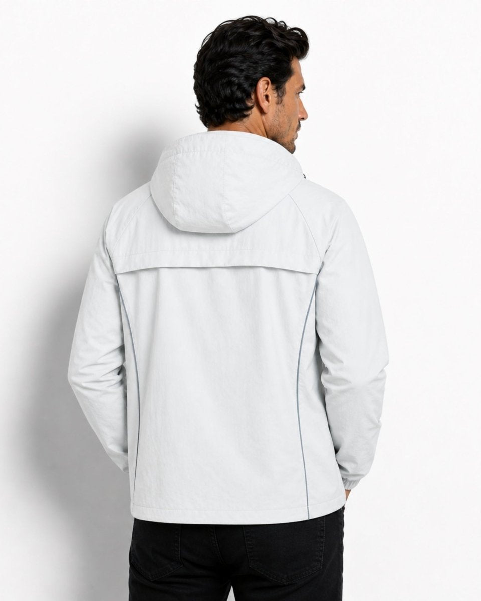 Back view of the light grey lightweight hooded jacket on a male model, showing the vented back yoke detail for breathability.