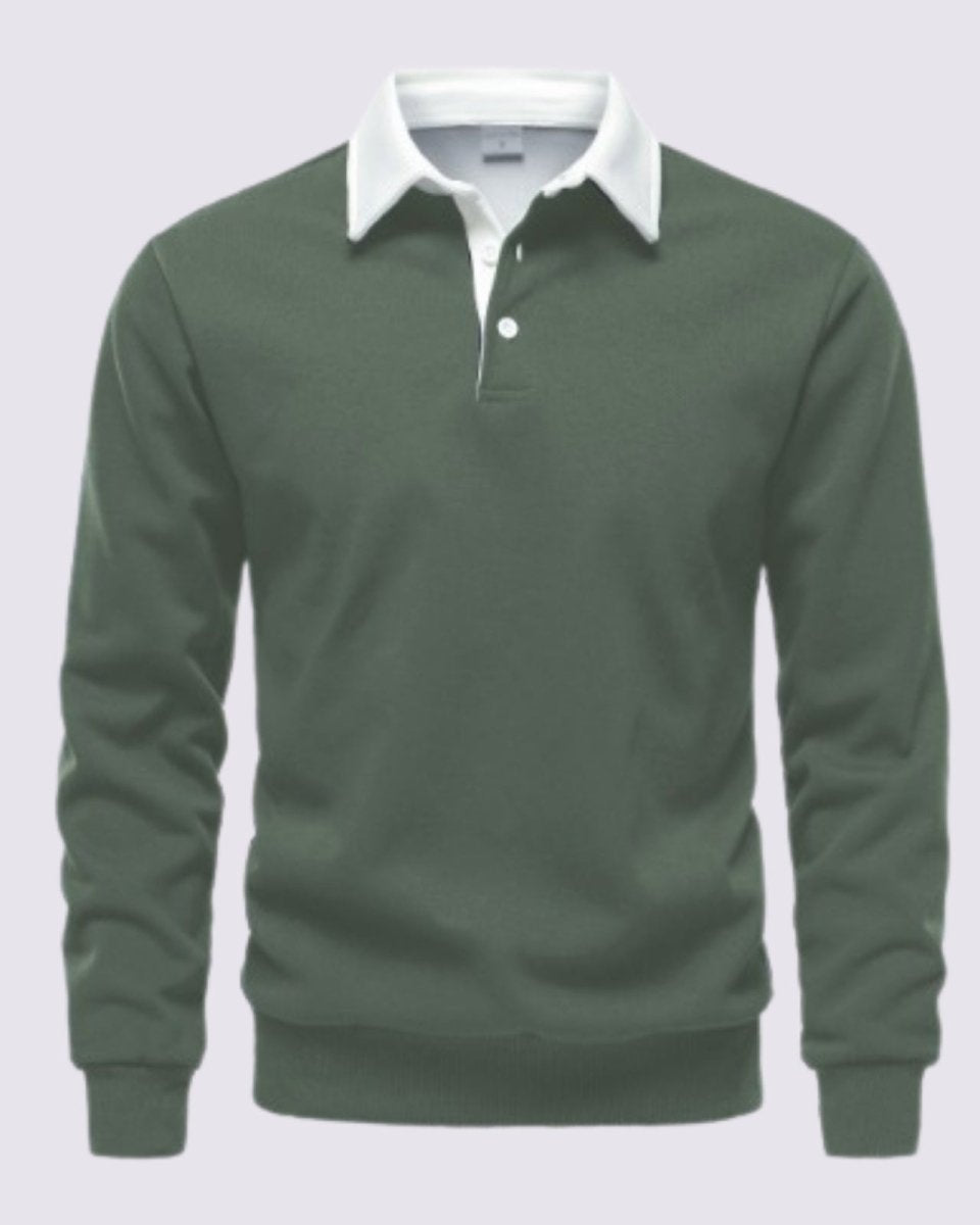 Front product shot of the long-sleeve polo in green with a white contrast collar on a white background.