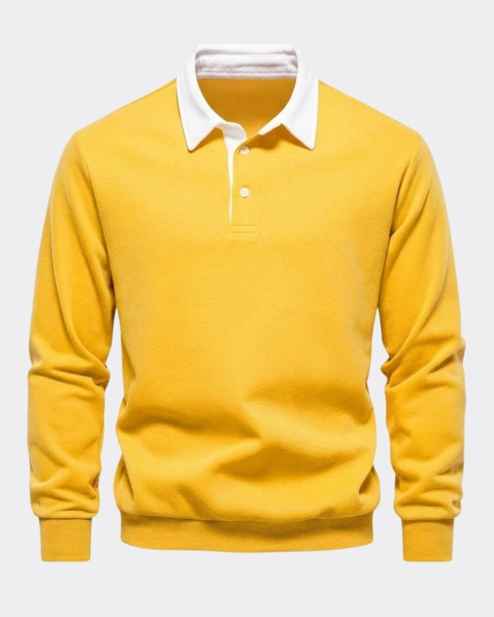 Flat lay of a men's long sleeve polo sweater in yellow with a white twill contrast collar and two-button placket.