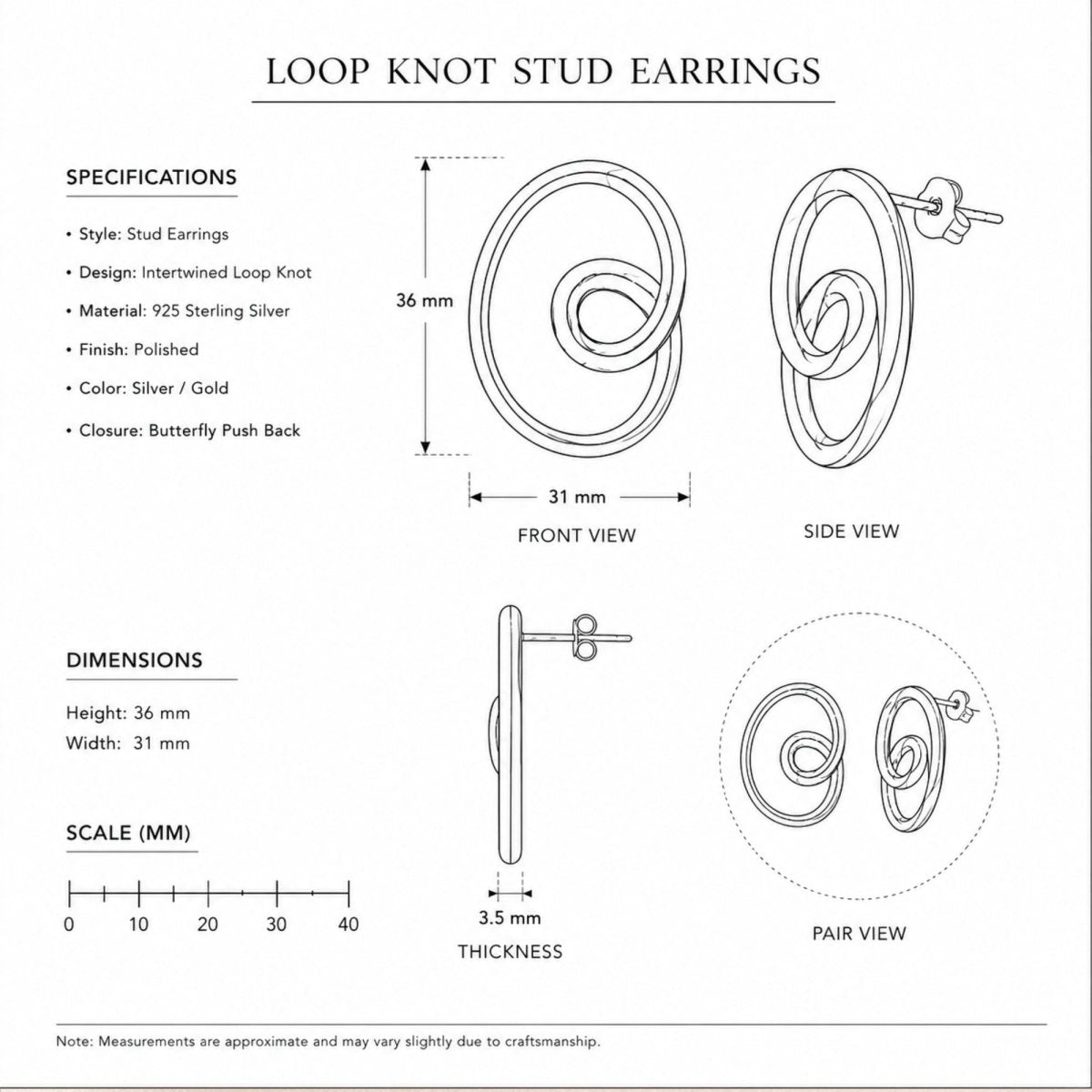 Technical specification sheet for Kouvr loop knot stud earrings showing 36mm height, 31mm width, and 3.5mm thickness in solid 925 sterling silver.
