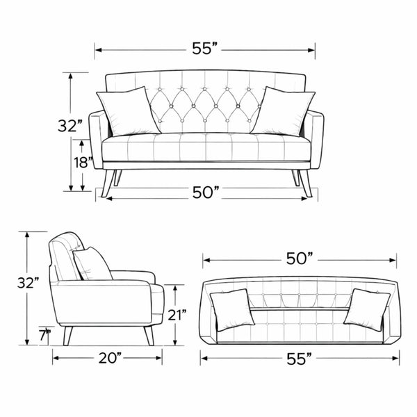 Detailed schematic diagram showing dimensions of the Celine loveseat, measuring 55 inches wide, 32 inches high, and 32 inches deep.