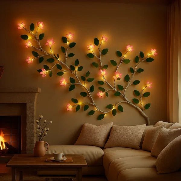 Decorative wall art with lights and flowers in a cozy living room.
