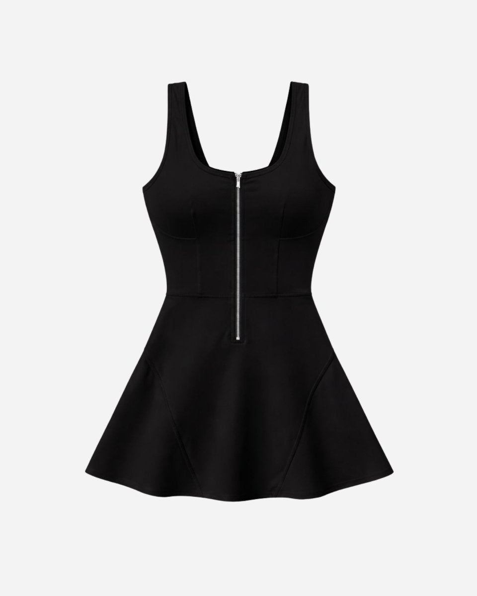 Ghost mannequin front view of black front zip activewear dress with scoop neck and princess seams