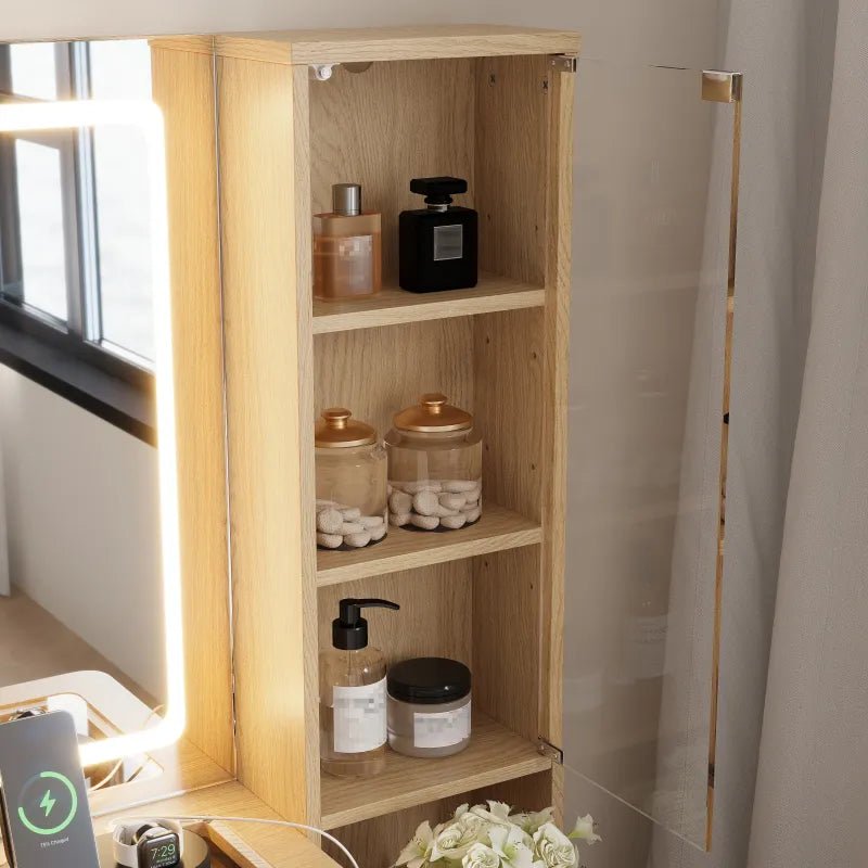 Front view of a fluted wood dressing table featuring symmetrical drawer towers, gold hardware, and a large square lighted mirror.