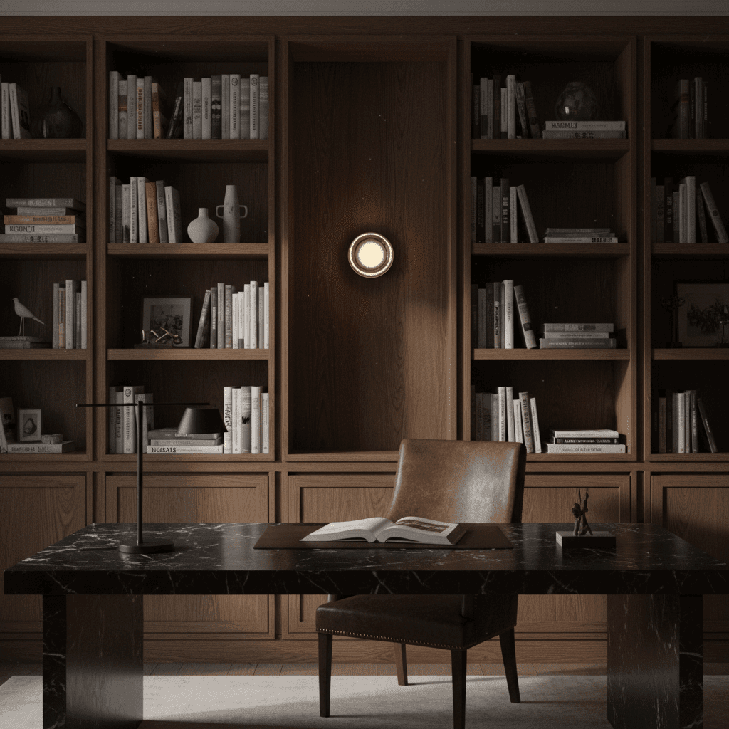 A round glass accent wall sconce illuminating a built-in dark wood library bookshelf behind a black marble desk and leather chair.