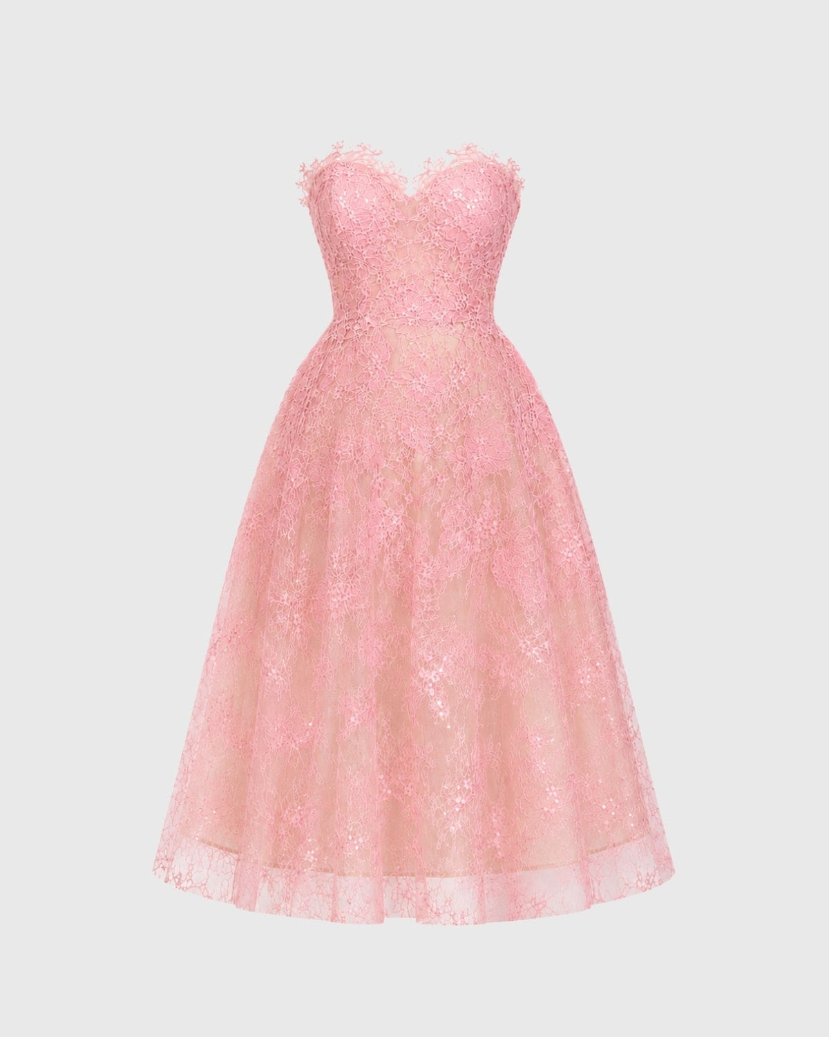 Ghost mannequin product shot of pastel strapless sheer lace dress emphasizing the intricate floral embroidery and corset boning structure.