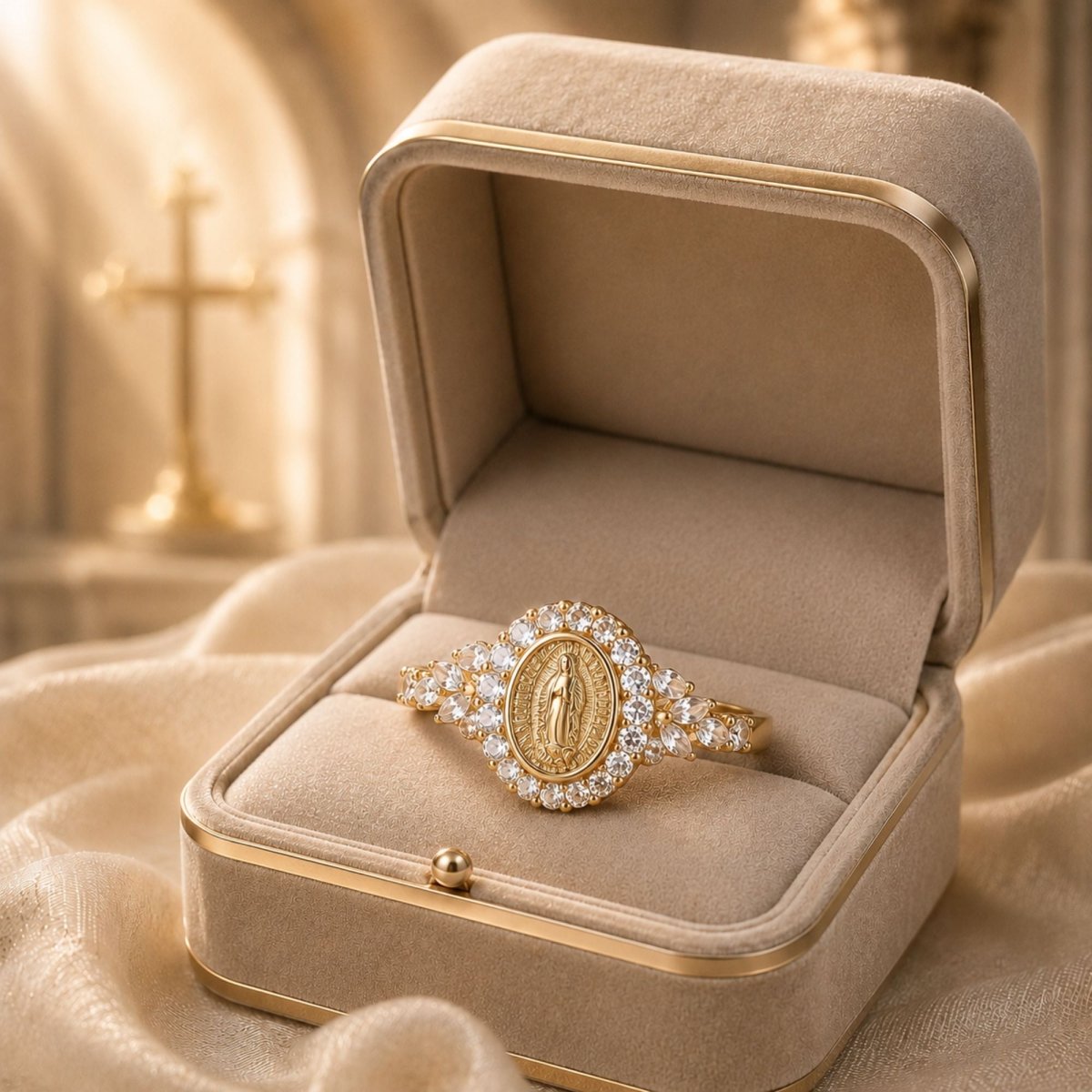 A gold ring with a central oval religious medallion and surrounding clear stones, displayed inside an open beige velvet jewelry box on draped fabric.