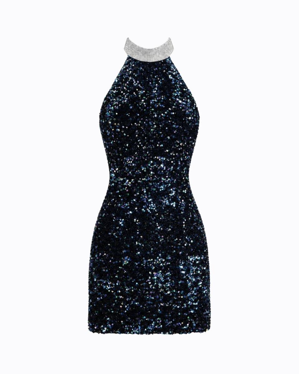 Flat lay front view of the Kouvr midnight dark blue sequin halter mini dress featuring a thick crystal embellished collar.