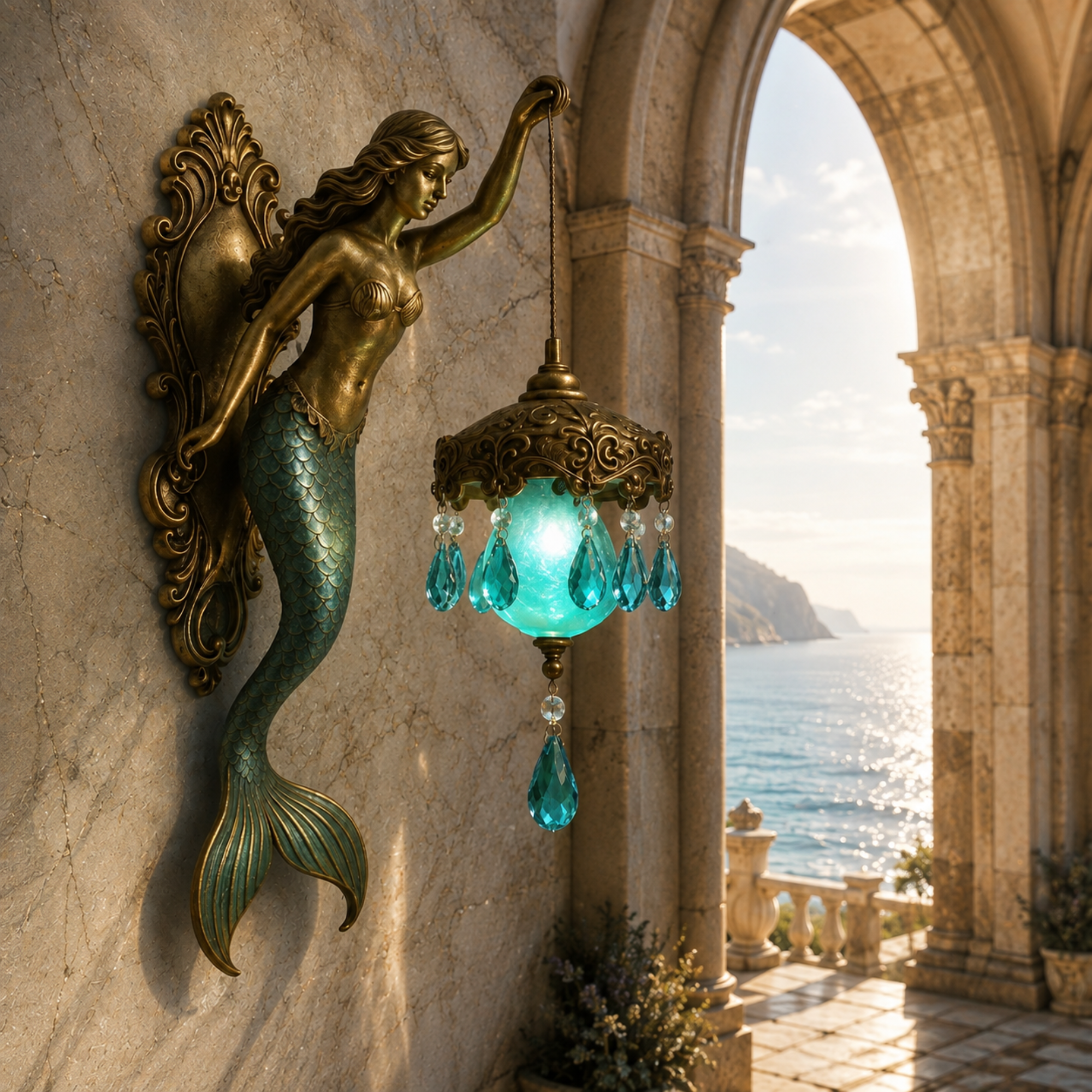 Vintage style luxury mermaid wall sconce featuring an antique bronze finish and a hanging teal stained glass lantern