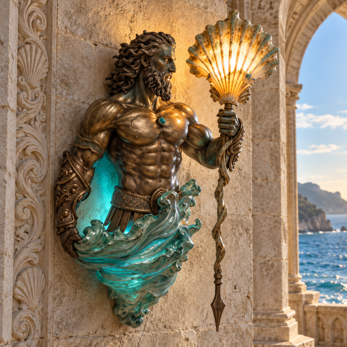 Vintage style luxury mermaid wall sconce featuring an antique bronze finish and a hanging teal stained glass lantern