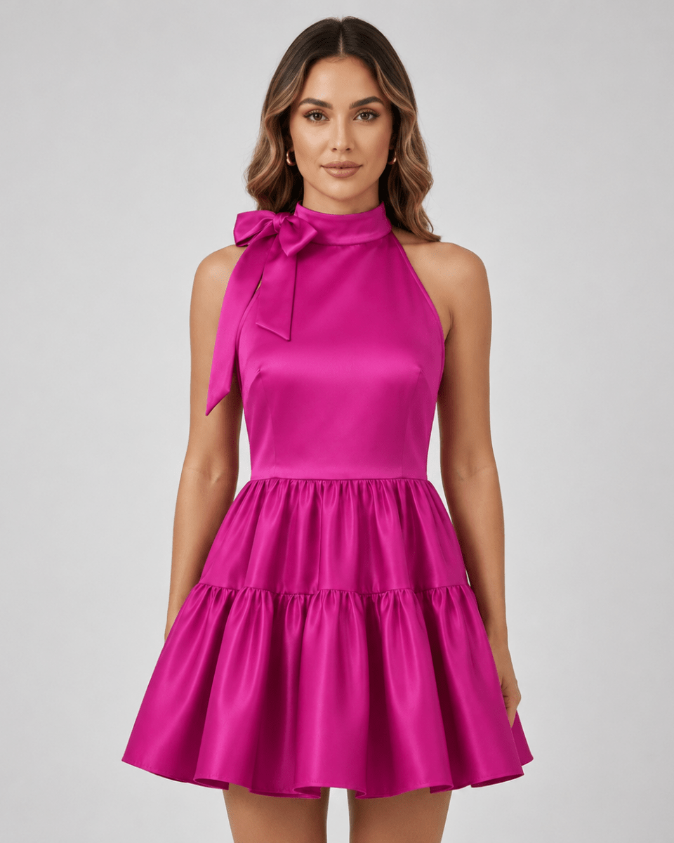 Close up portrait of a model wearing the fitted bodice and high halter neckline of the fuchsia satin party dress.