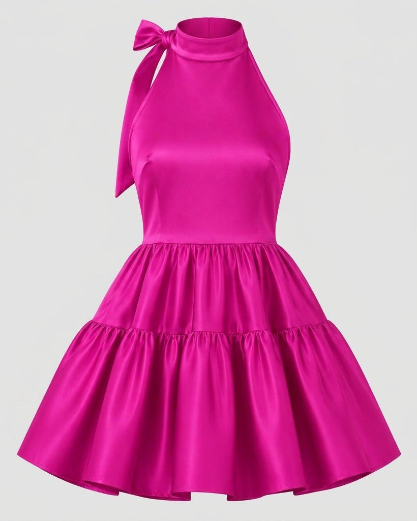 Flat lay product view of the magenta satin tiered mini dress highlighting the high neck, bodice structure, and babydoll skirt.