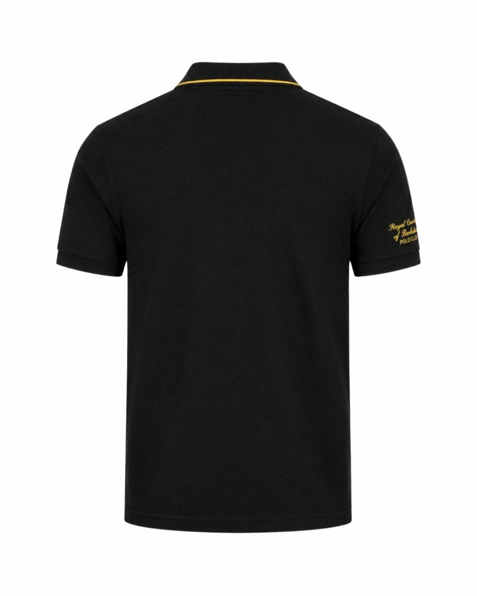 Black short-sleeve polo shirt shown from the back, featuring a thin yellow stripe detail along the collar and yellow embroidered text on the left sleeve.