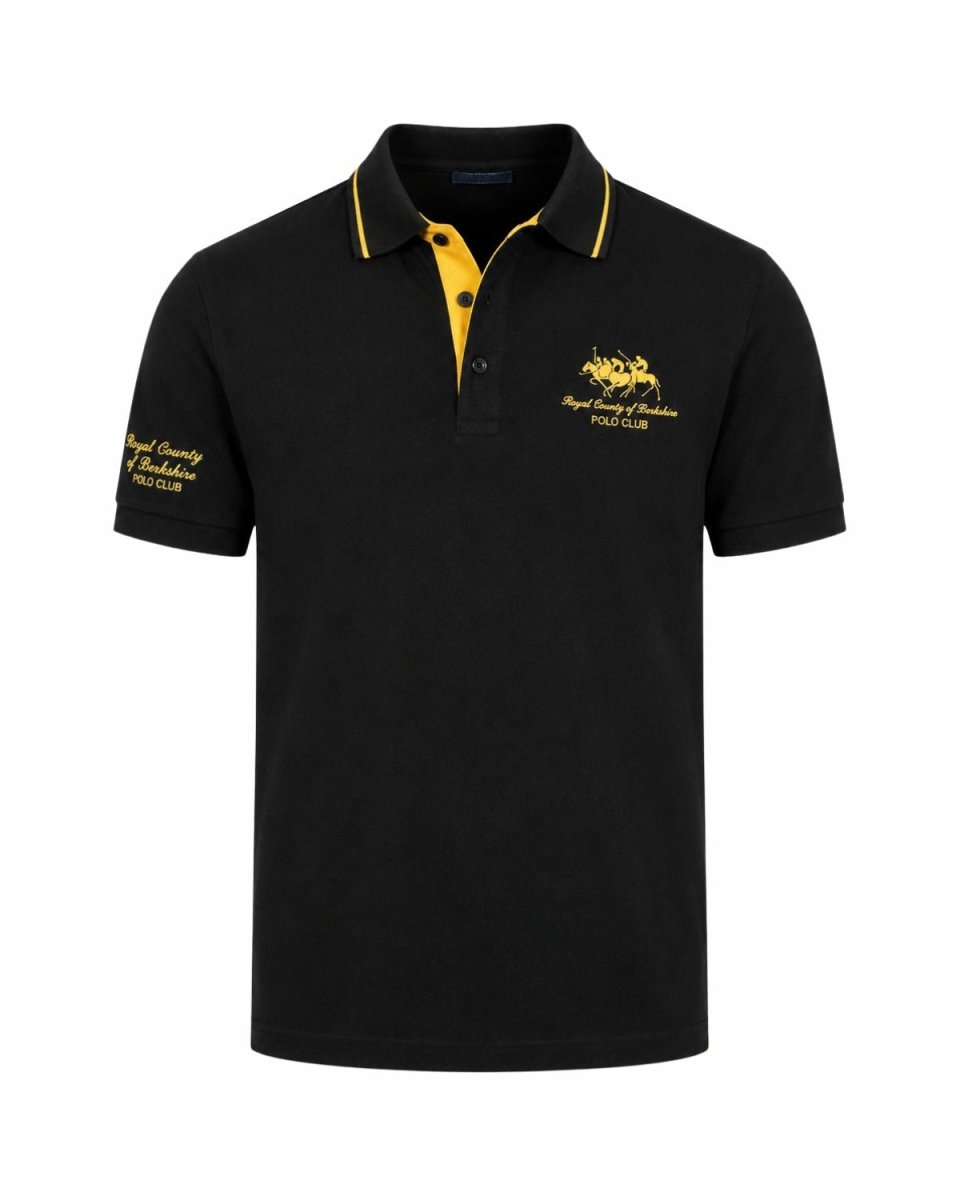 A black short-sleeve polo shirt with a yellow collar and yellow button placket, featuring embroidered yellow logos on the left chest and right sleeve, displayed on a solid white background.