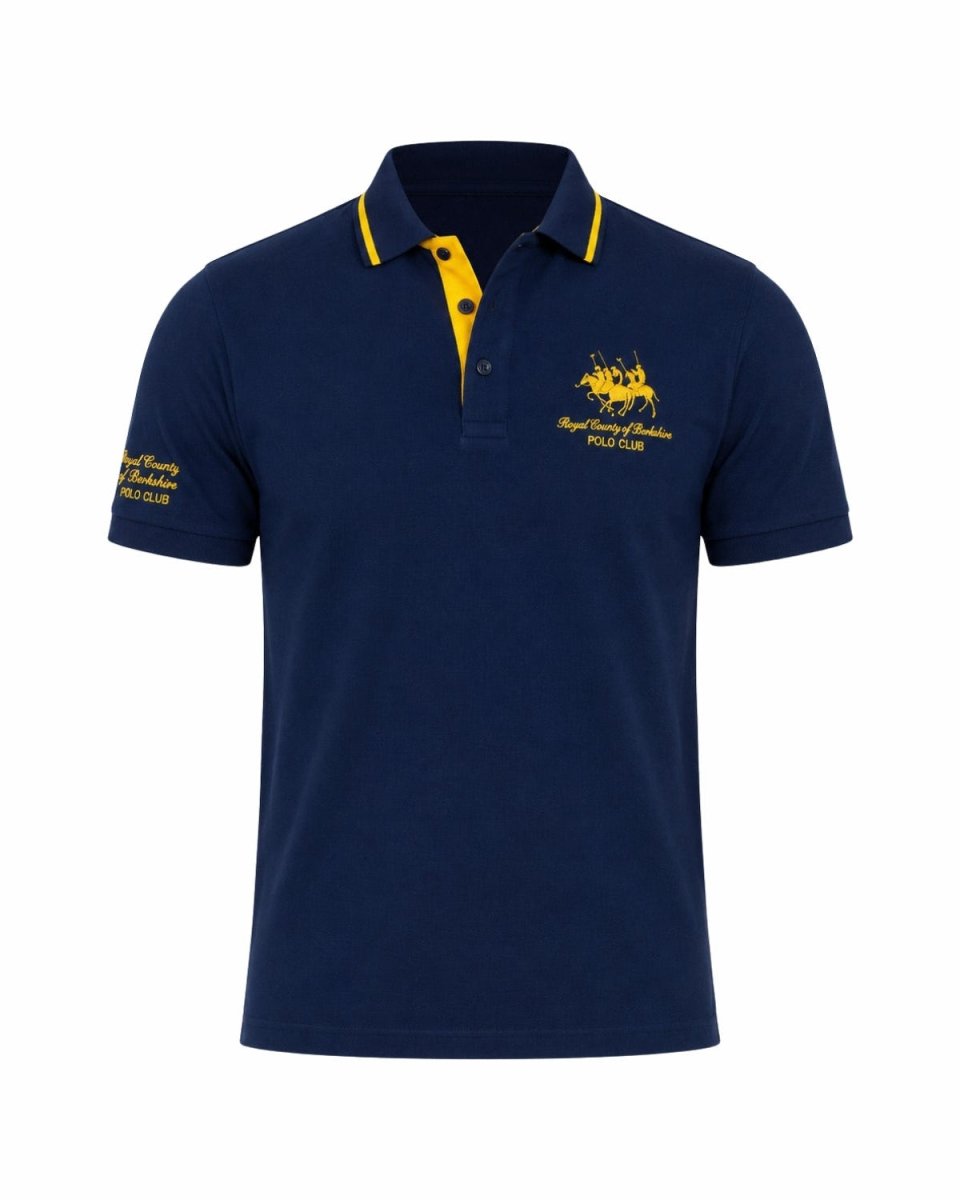 A navy blue short-sleeve polo shirt with a yellow collar and placket, featuring embroidered yellow logos on the left chest and right sleeve, displayed on a clean white background.