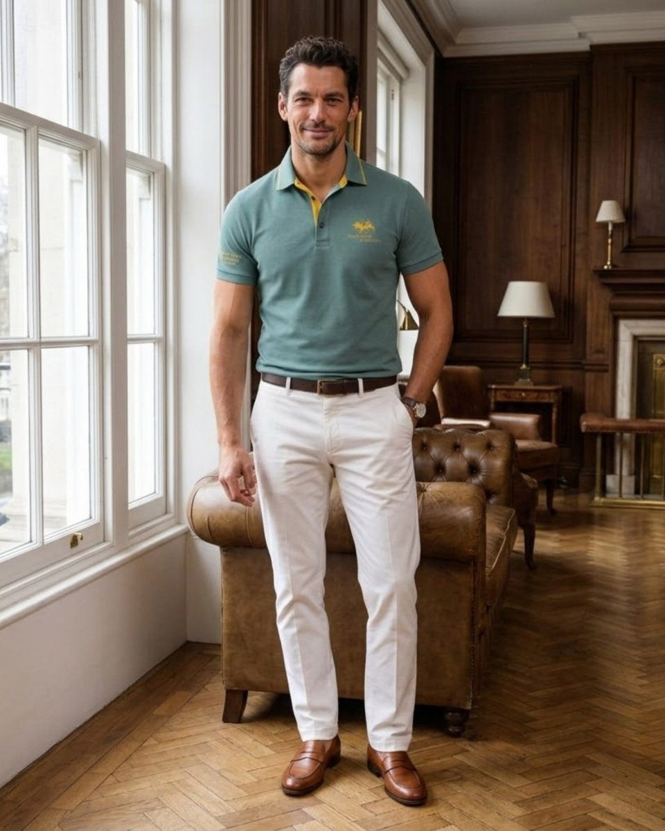 A man stands in a classic room with wood paneling and large windows, wearing a sage green polo shirt with a yellow collar and logo, white trousers, and brown leather shoes.
