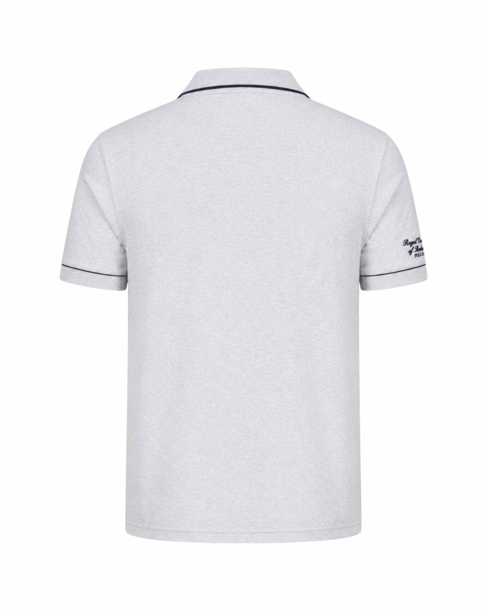 A light gray heathered short-sleeve polo shirt shown from the back, featuring a dark navy blue collar and sleeve trim, and a small dark logo on the left sleeve.
