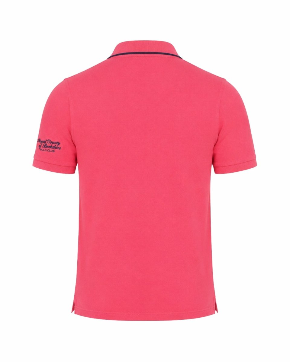 A bright pink short-sleeve polo shirt shown from the back, featuring a dark navy blue collar trim and a small embroidered logo on the left sleeve, set against a plain white background.