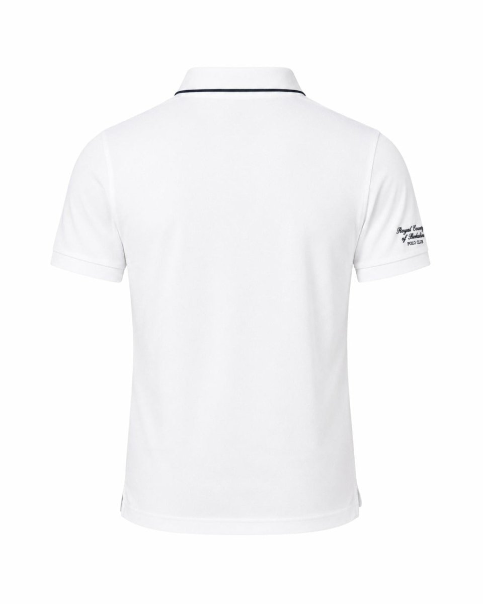 White short-sleeve polo shirt shown from the back, featuring a thin black piping detail along the collar and a small black embroidered logo on the left sleeve, set against a plain white background.