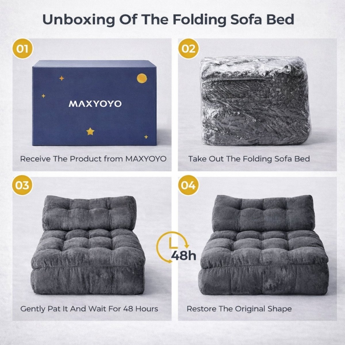 Step by step unboxing guide for the Kouvr vacuum packed floor sofa showing expansion of shredded memory foam over 48 hours.