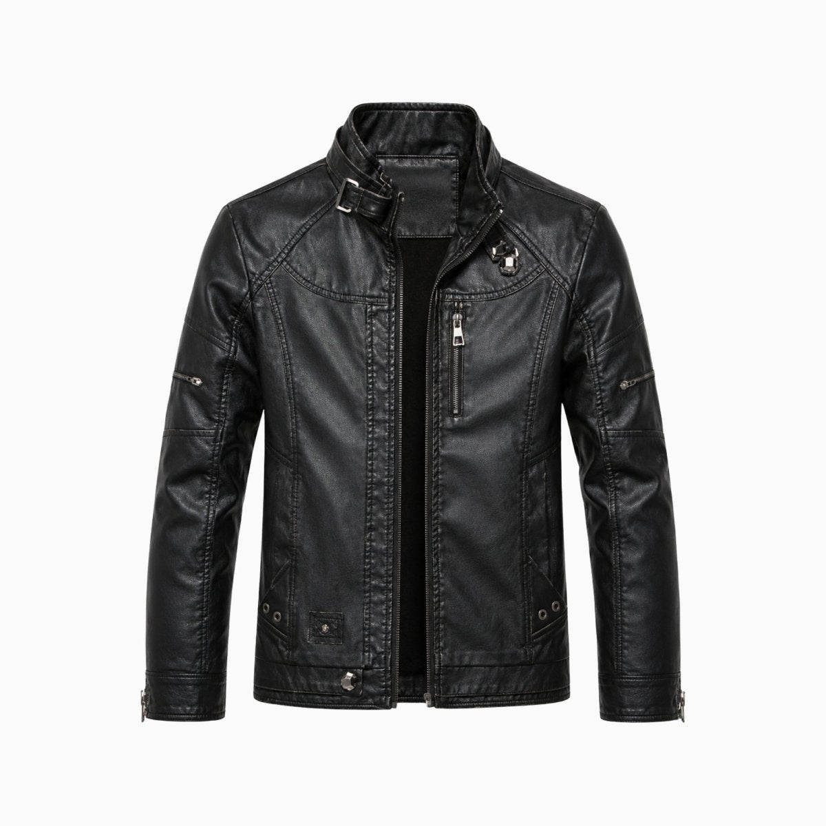 Flat product shot of Kouvr mens black zip up moto jacket showing chest zippers and snap details.