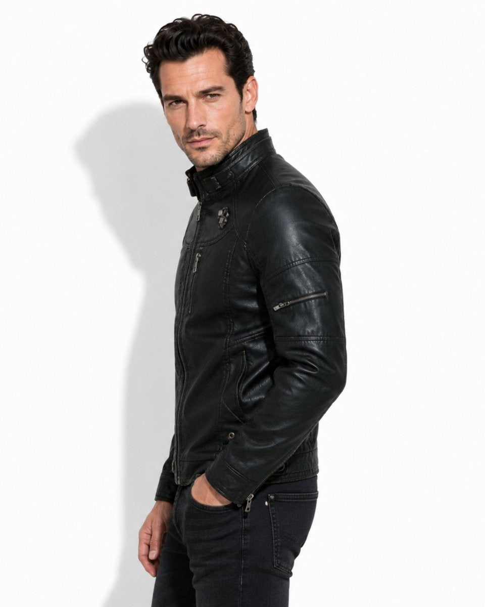Side angle of mens black slim fit biker jacket with adjustable buckle stand collar