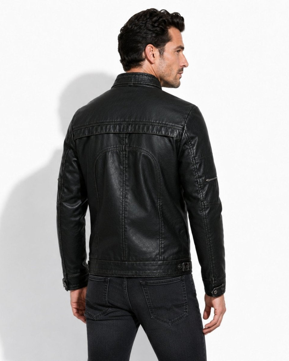 Back of mens black leather motorcycle coat demonstrating tailored fit and shoulder articulation.