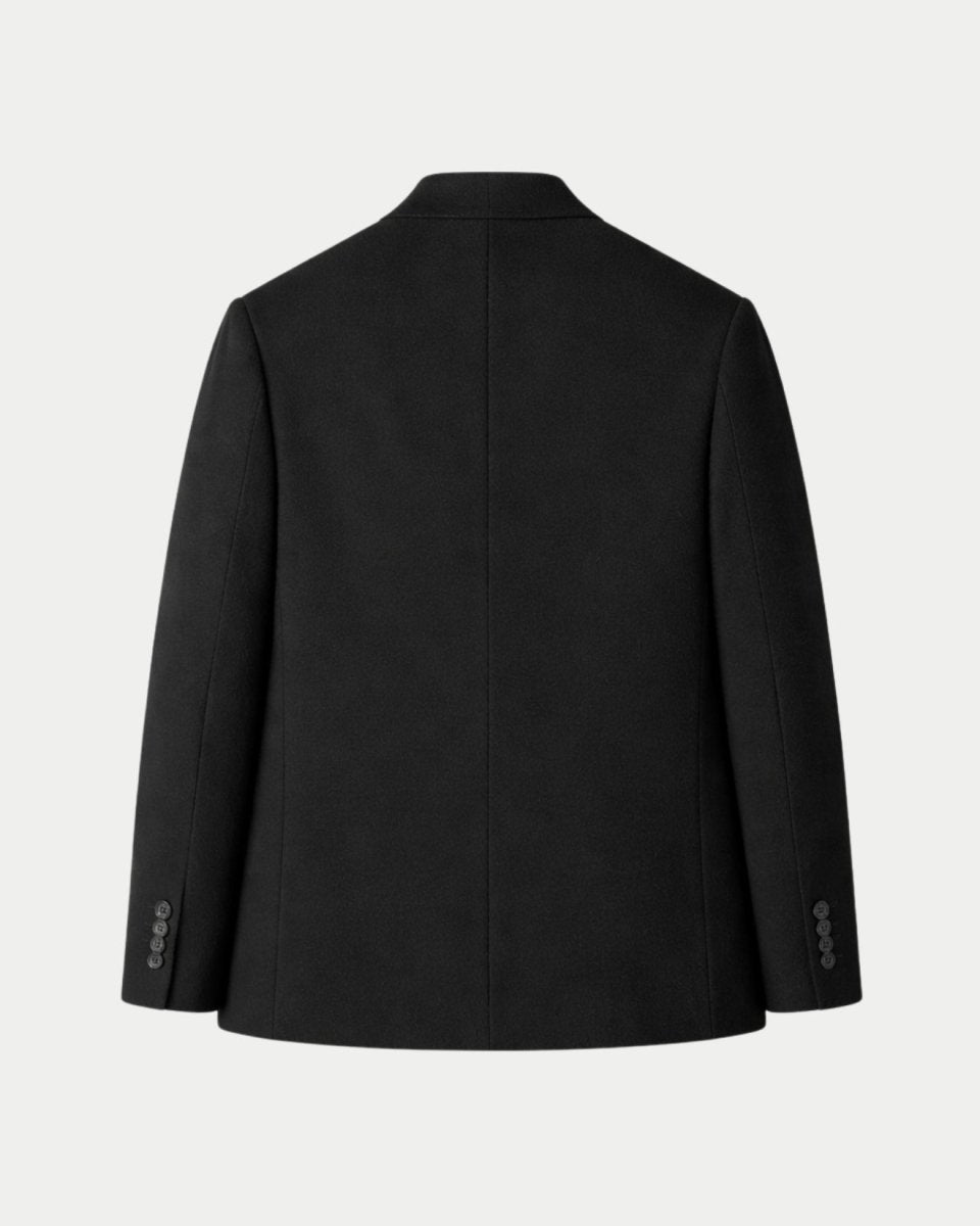Back flat lay ghost mannequin view of men's black wool tailored suit jacket outerwear.