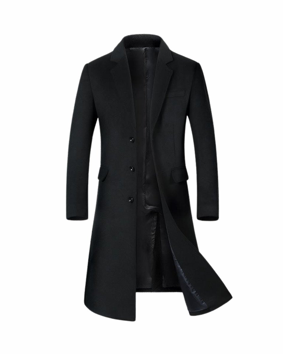 Ghost mannequin presentation of men's black single-breasted overcoat worn open, revealing the smooth interior lining and clean structure.