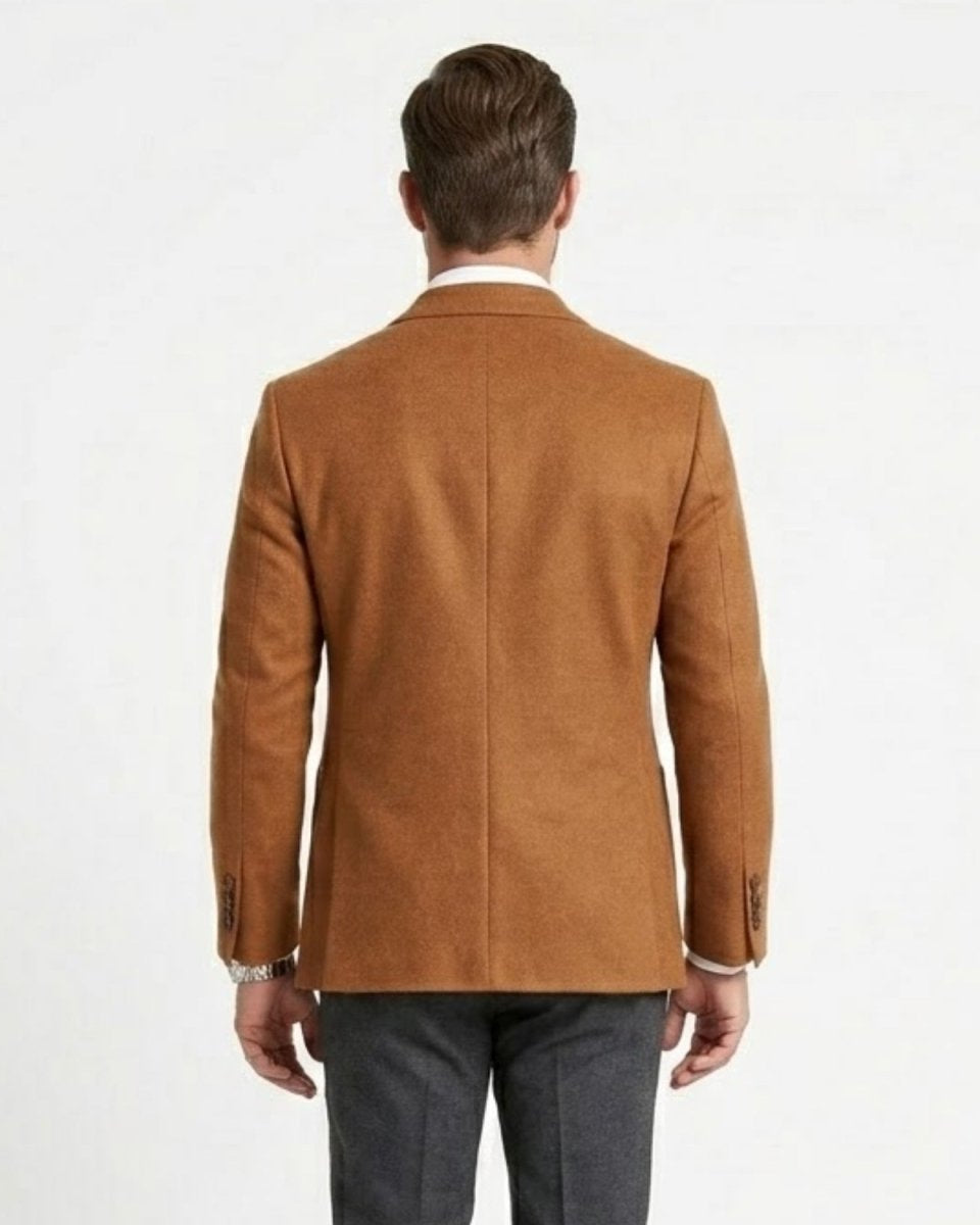 Back view of Fenlo Form mens camel blazer showing double vent and tailored fit