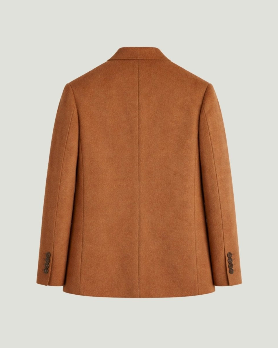 Flat lay back view of the Fenlo Form mens camel tailored jacket showing rear vents