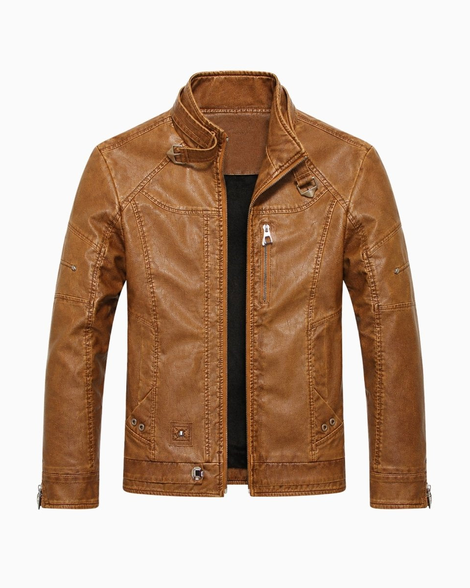 Front flat lay of mens cognac brown zip front leather biker jacket.