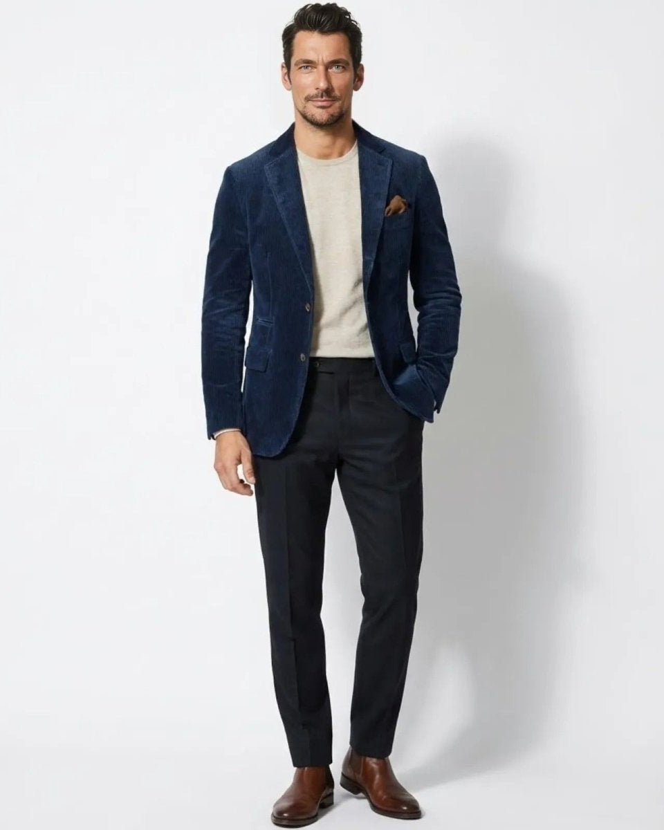 A man standing and modeling the men's dark blue corduroy blazer, paired with a cream knit sweater and dark navy trousers.
