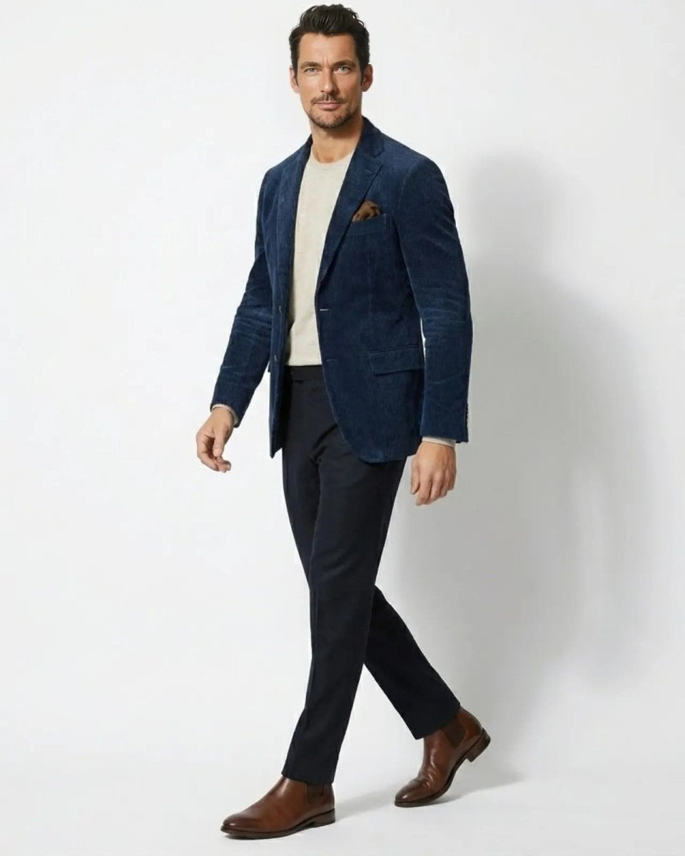 Side profile of a man walking while wearing a slim fit dark blue corduroy sport coat, showcasing its excellent fit and natural drape.
