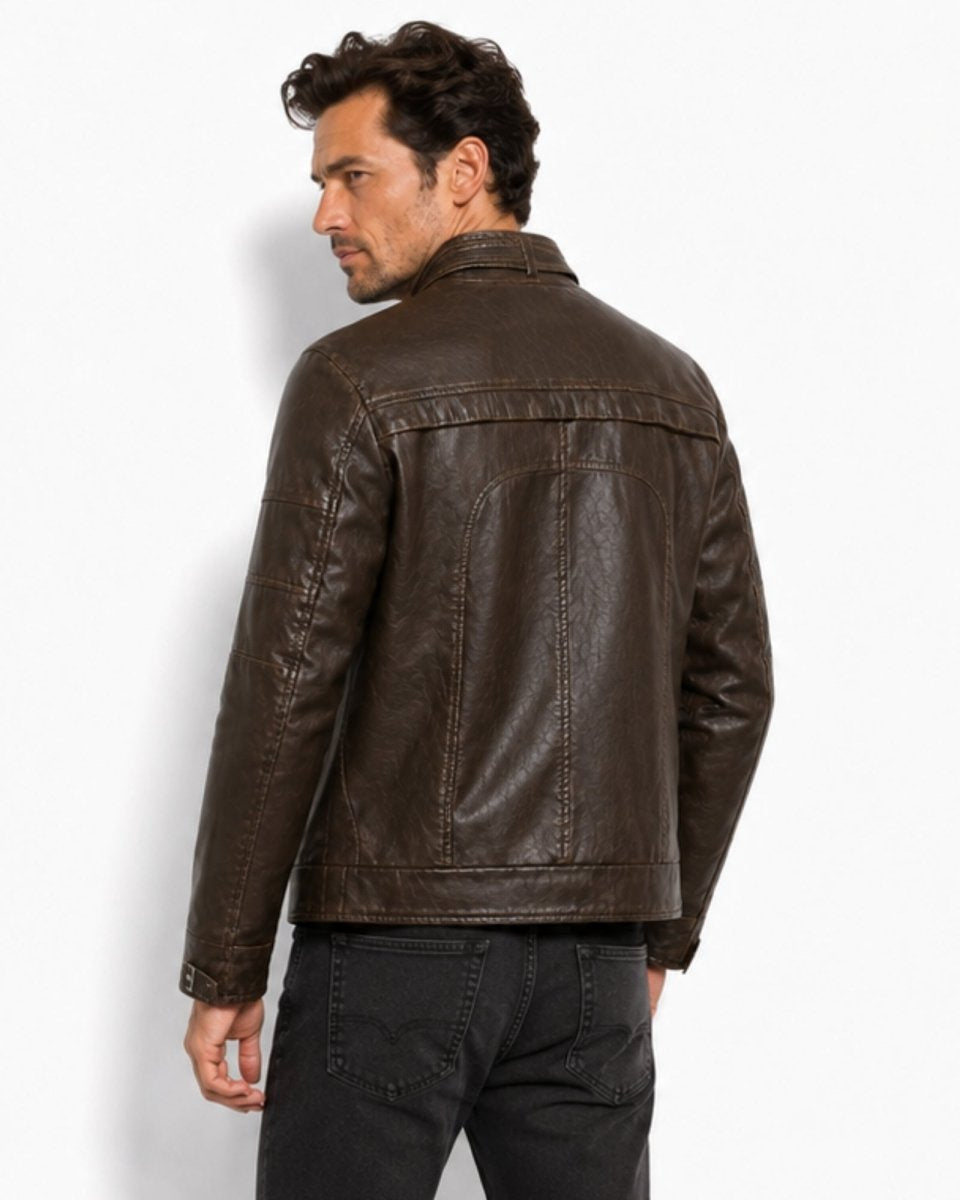 Back view of mens dark brown structured motorcycle outerwear coat showing reinforced stitching and paneling