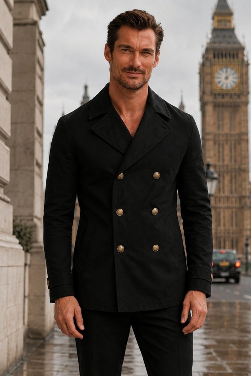 A man wearing a black double-breasted blazer with gold buttons, standing outdoors in front of Big Ben in London.
