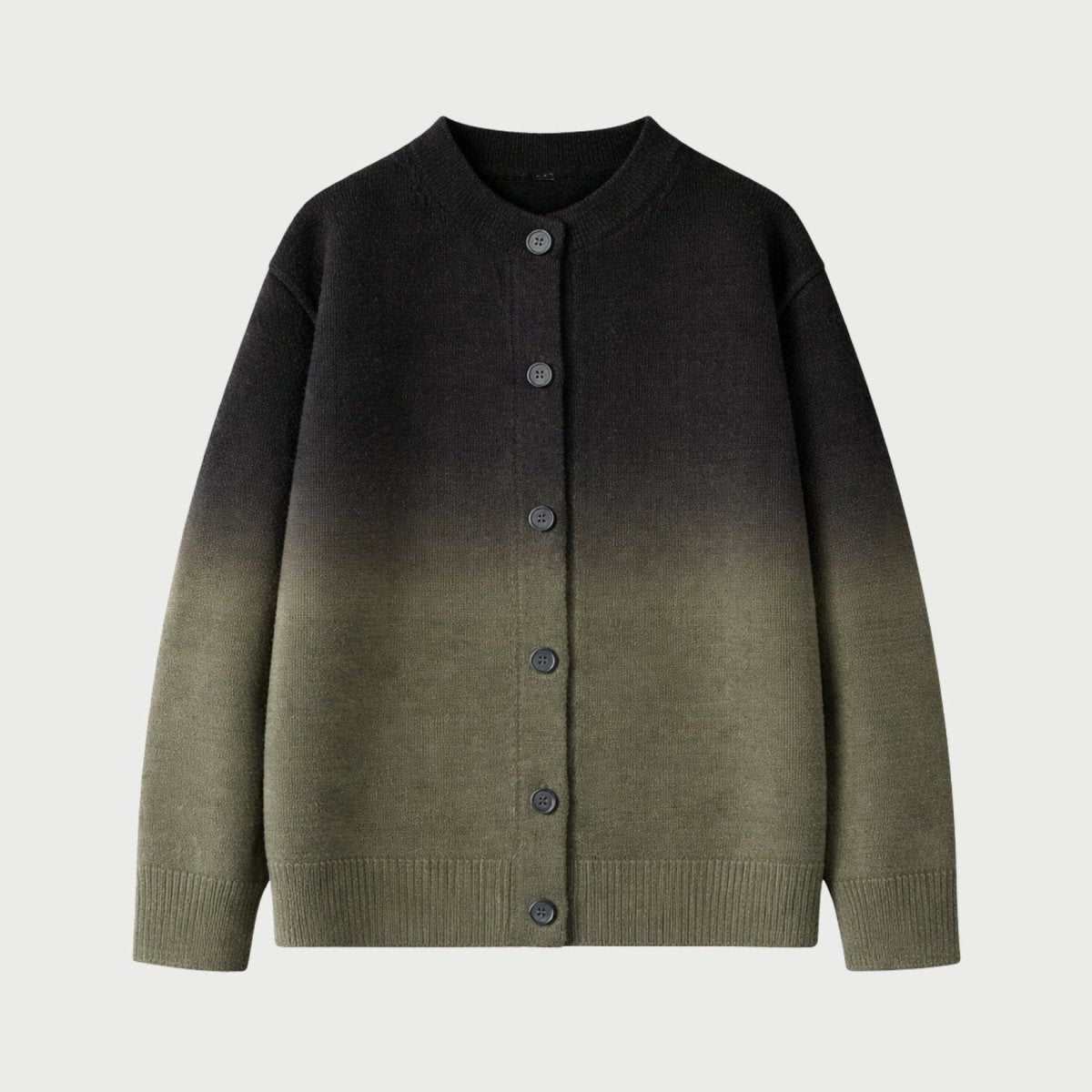 Flat lay view of the mens black and olive green gradient crew neck cardigan sweater.