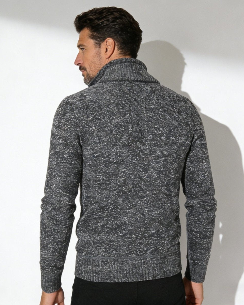 Back view of the men's grey elyson knit sweater, displaying the seamless construction and rich texture.